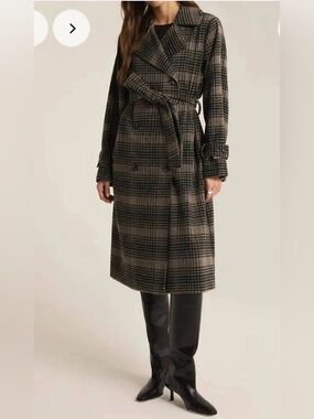 Z Supply Plaid Belted Long Trench Coat Jacket Brown Black Size Small